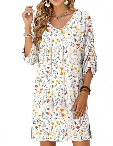 Image of Zeagoo Womens Boho Dresses Casual Beach Summer Dress Tassel Tie Neck 3 /4 Long Sleeve Mini Sundress 2026 Floral Print Cover Up