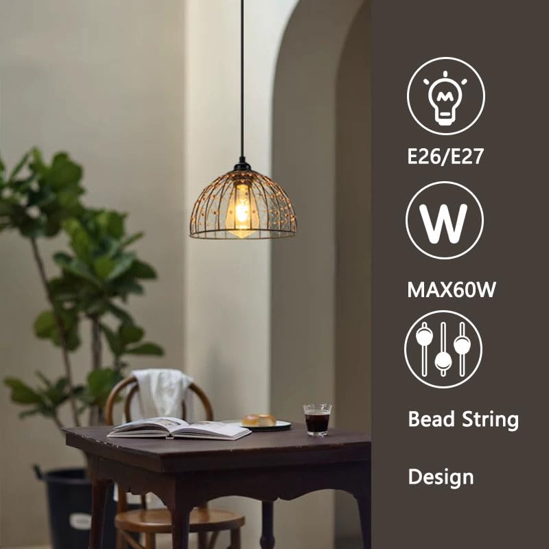 Industrial Farmhouse Pendant Light - Plug-in Hanging Lamp With Rattan Shade & 15ft Cord