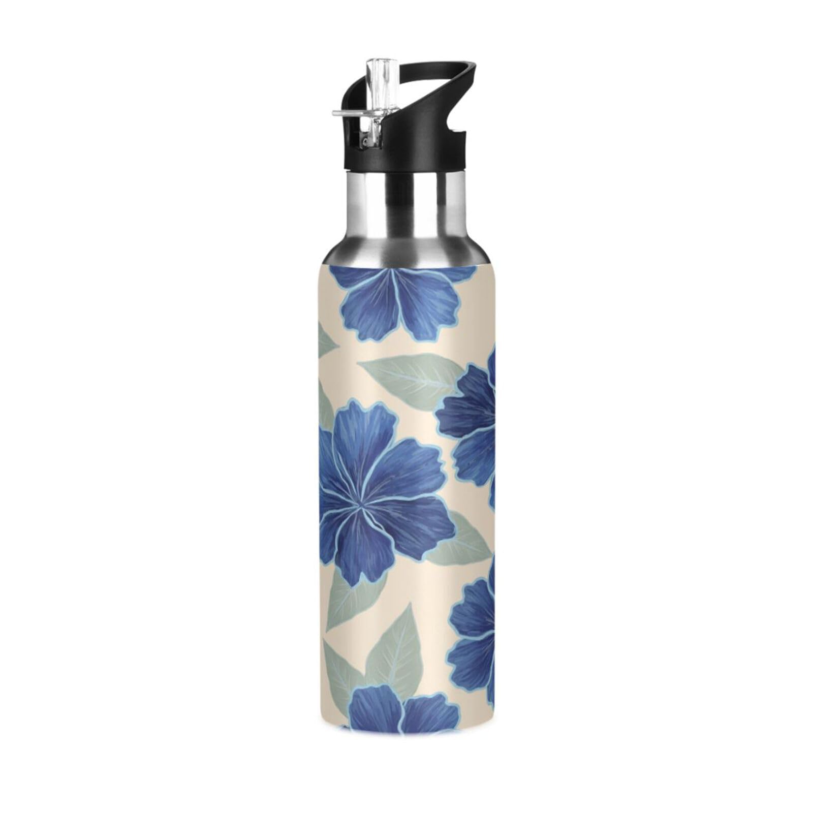 BOESI Indigo Hibiscus Pattern Insulated Water Bottle 600ml, Stainless Steel Vacuum Sports Bottle with Straw, Leak Proof Thermal Bottle for Gym Travel Outdoor