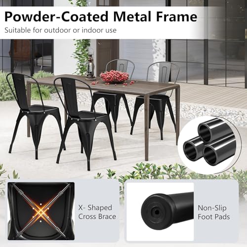 Image of COSTWAY Stackable Metal Dining Chairs Set of 4 with Back, Indoor & Outdoor | Black, Industrial Vintage Style, Breathable Seat, High Backrest, for Dining Room, Kitchen, Bar, Cafe, Bistro, Restaurant