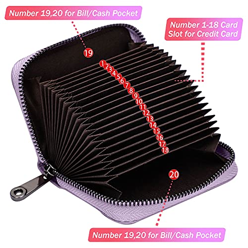Image of 20 Card Solts Credit Card Holder RFID Blocking Genuine Leather Wallet for Women or Men Accordion style with zipper (purple)