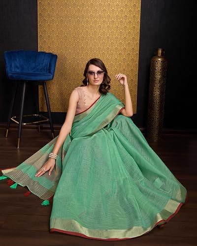 Image of SWORNOF Women's Linen Cotton Silk Saree with Unstitched Blouse Piece | Saree for Women | Saree with Blouse Piece | Soft and Skin Friendly