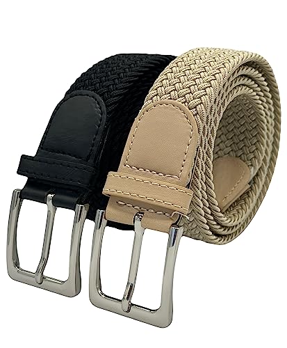 2 Pieces Braided Elastic Belt for Men Women Stretchy Elastic Belt Extensible Work Belt Adjustable Belt Beige Black