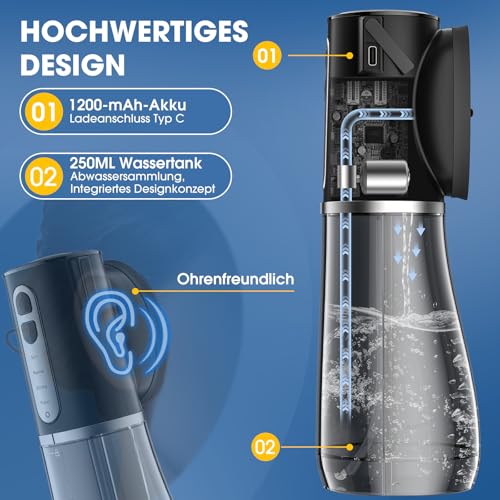 Ohrenschmalz Entferner, Elektrischer Ohrenreiniger mit 4 Druckmodi, IPX7 Wasserdicht Ohrenspülung, 6-Düsen Ohrendusche, Ohrreiniger für Erwachsene Kinde, Schwarz
