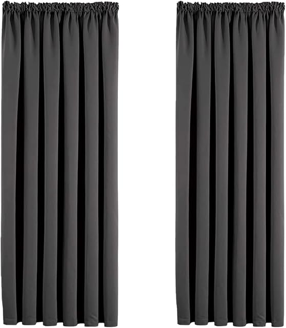 Aspire Homeware Grey Blackout Curtains for Bedroom - Pencil Pleat Black Out Living Room Curtains 46 x 54 inch Drop Super Soft Thermal Insulated Short Kitchen Curtain Pair Panel with Tiebacks
