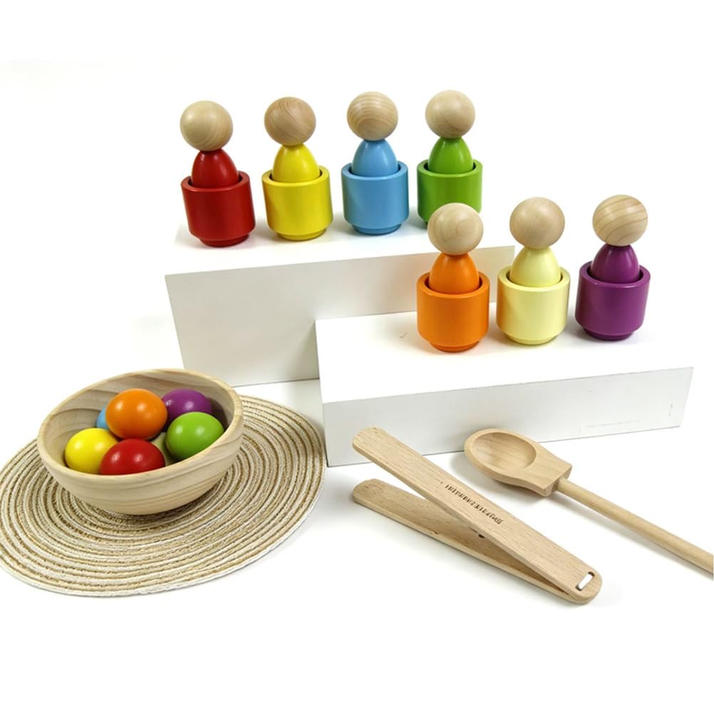 Montessori Holzbogen-Puppen & Farb-Sortierbecher Spielzeug | Farblich passende Holzperlen mit Zange & Löffel, Lernspielzeug für Feinmotorik, Farbenerkennungs-Spiel