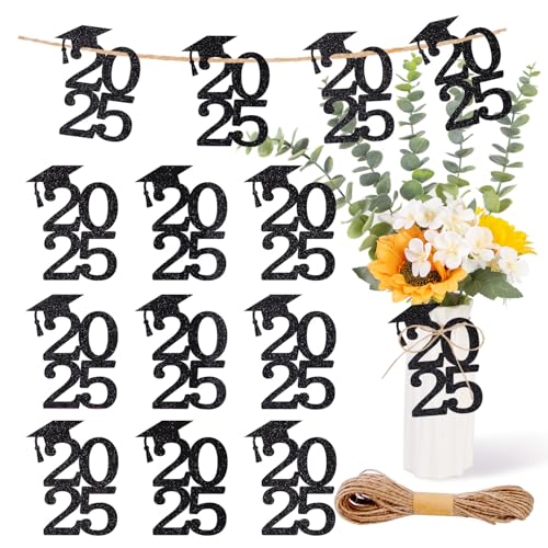 Image of 24PCS Cutouts Tags Graduation Decorations Class of 2025 Cap, Table Centerpiece Grad Party Decorations 2025 Party Tags for Table Congrats Grad Decor, 2025 graduation decorations (Black)
