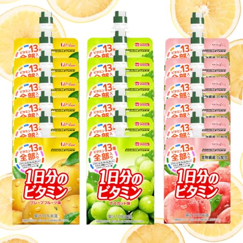 1日分のビタミン 最短賞味期限2027.1 グレープフルーツ味 マスカット味 ピーチ味 180g ゼリー ゼリー飲料 パウチ フルーツ 詰め合わせ アソート 業務用 まとめ買い セット (各6個 計18個セット)（Amazon）