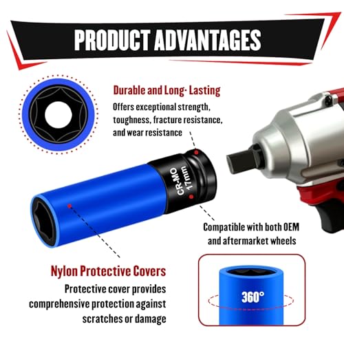 Image of YIYITOOLS 5Pcs 1 /2 inch Drive Lug Nut Socket Set, Color-Coded Thin Wall Deep Impact Sockets, Metric 17mm /19mm /21mm & SAE 13 /16 inch /7 /8 inch, CR-MO Steel, 6-Point, Non-Marring Wheel Protector