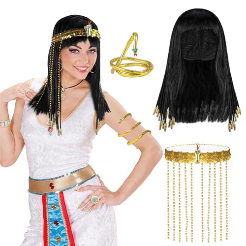 HIFOT 3 Pezzi Accessori Costume Egiziano Copricapo Parrucca Imperatrice Egiziana Bracciale Serpente Egitto Medusa Oro Accessori Cleopatra Costume Donna Ragazza Carnevale Halloween