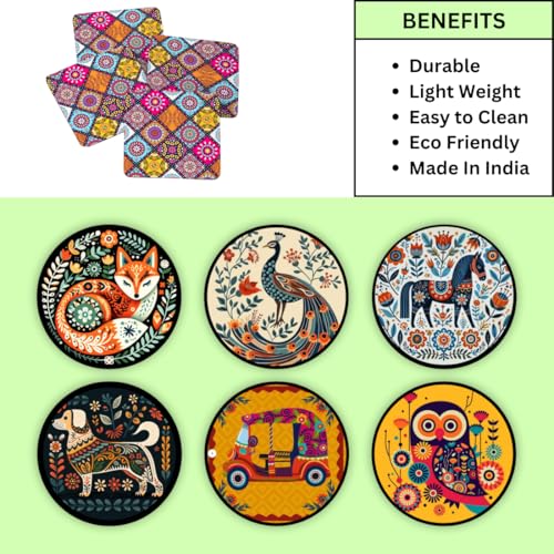 Image of Zesta Coasters for Cups Set of 6 / Wooden Coasters for Bar Accessories for Home /Tea Coaster Set of 6 / Waterproof Dining Table Decor Glass Cover (Animal A, Circle)