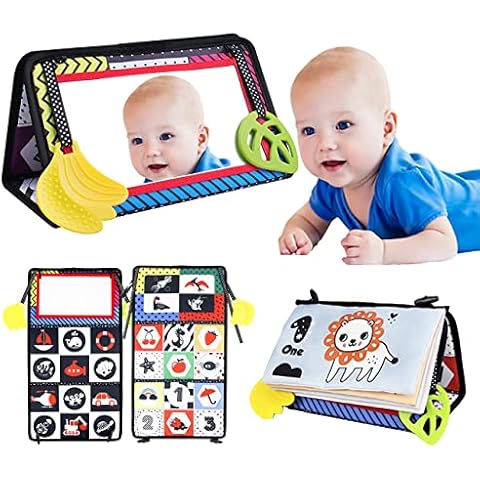 Giforou Baby Spielzeug Schwarzes Weißes Spielzeug Faltbarer Baby Montessori Spielzeug Bauchlage Hohe Kontrast Stoffbücher mit Spiegel Geschenk für Neugeborene Kleinkind Cover