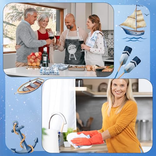 Image of VitalCozy 6 Pcs Lavender Summer Kitchen Towel Set Funny Housewife Farmhouse Rustic Bath Hand Towel for Holiday Bathroom Gift, 24 x 16 Inches (Blue and White,Lake House)