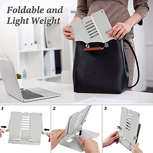 Image of Volo Portable Metal Book Stand Holder - Adjustable, Foldable Design for Desktop Use - Ideal for Cookbooks, Textbooks, Sheet Music, and More - Convenient Book Organizer (Grey)