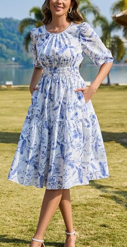 Image of Kormei Women Casual Boho Floral Round Neck 3 /4 Sleeve Smocked Waist Tiered A Line Flowy Swing Midi Dress Long Dresses