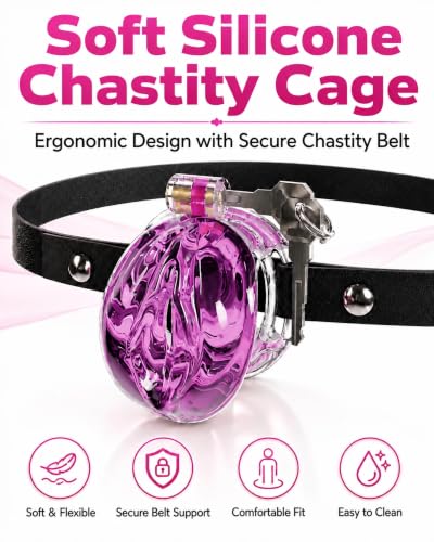 Image of Flat Chastity Cage Sissy Silicone Soft Realistic Vagina (Seethrough Purple) | DINGYAN Vulva Soft TPE Material Micro Chastity Device Breathable Penis Cock Cage Invisible Anti Erection BDSM Slave Training