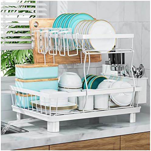 7 code Large Dish Drying Rack,2-Tier Dish Racks for Kitchen Counter,Detachable Large Capacity Dish Drainer Organizer with Utensil Holder, Dish Drying Rack with Drain Board ,White