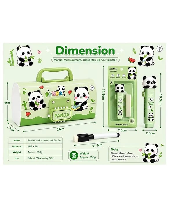 Image of Invite New Cartoon Theme Pencil Box with Push Pull Eraser Set for Kids | Suitcase Style Password Lock Stationery Organizer | School Supplies Gift Combo for Boys & Girls (Panda Green + Eraser)