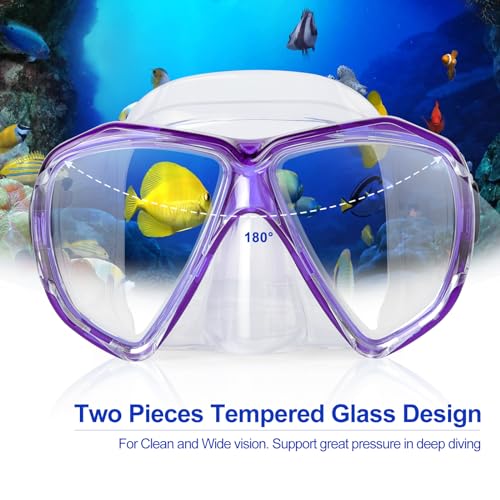 Image of Snorkel Diving Mask Panoramic HD Swim Mask, Anti-Fog Scuba Diving Goggles,Tempered Glass Dive Mask Adult Youth Swim Goggles with Nose Cover for Diving, Snorkeling, Swimming (Clear Purple)