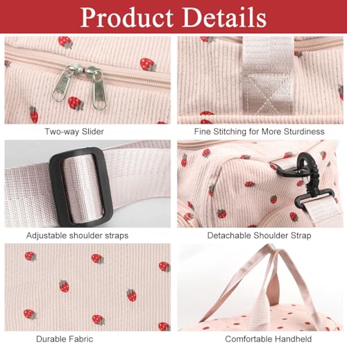 Image of PALAY Women Duffle Bag Gym Bag with Shoe Compartment Cute Pink Strawberry Prints Corduroy Travel Bag with Removable Shoulder Strap Multi-pocket Duffle Bag for Travel, Gym Session, Camping, 48x24x27cm