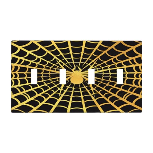 Decorative Switch Plate Covers Black Background with Golden Spiderweb Spider 4 Gang Light Switch Cover Plate Quad Toggle Wall Plate Outlet Covers for Bedroom Home Decor