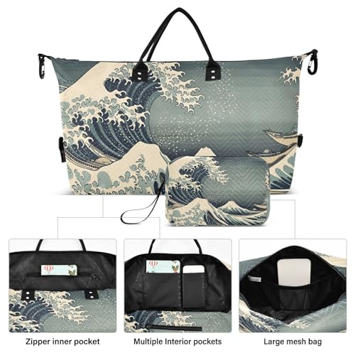 Large Travel Duffel Bag, Blue Waves Sports Tote Gym Bag, Shoulder Weekender Overnight Bag for Women Men, Carry On Luggage with Toiletry Bags2