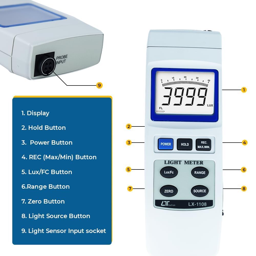 Medidor de exposición | Medidor de luz | Medidor de lux digital (0 a 400.000 lux) para auditorios, teatros, estadios, escuelas, laboratorios junto con certificado de calibración de fábrica | LX-1108