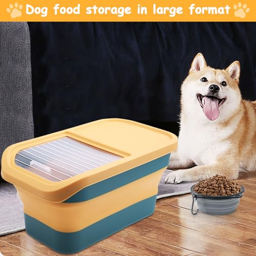 Druuzyl Hundefutter Aufbewahrungsbox 5kg - Faltbarer Futterbehälter für Trockenfutter mit Deckel, Messbecher & Löffel, Luftdicht, Haustierfutter-Container für Hund/Katze mit Faltbare Hundenapf,gelb