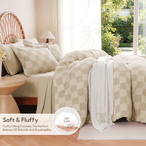 Image of MR&HM 7 Pieces Comforter Set Full, Checkered Boho Tufted Bed Set Linen