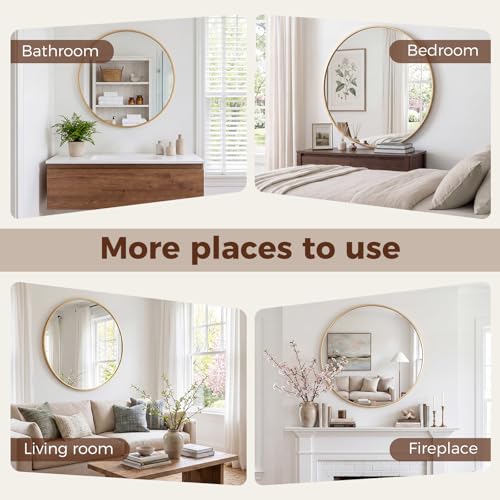 Image of NEWBULIG 24 Inch Round Wall Mirror, Bathroom Mirrors for Over Sink, Matte Metal Framed Circle Vanity Mirror, Wall Decor for Bedroom, Anti-Rust, Tempered Glass, Hanging or Leaning, Classic Gold