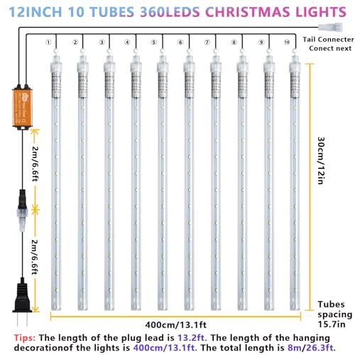 Roytong Waterproof Cascading LED Meteor Shower Rain Lights, 12 Inch 10 Tube 360