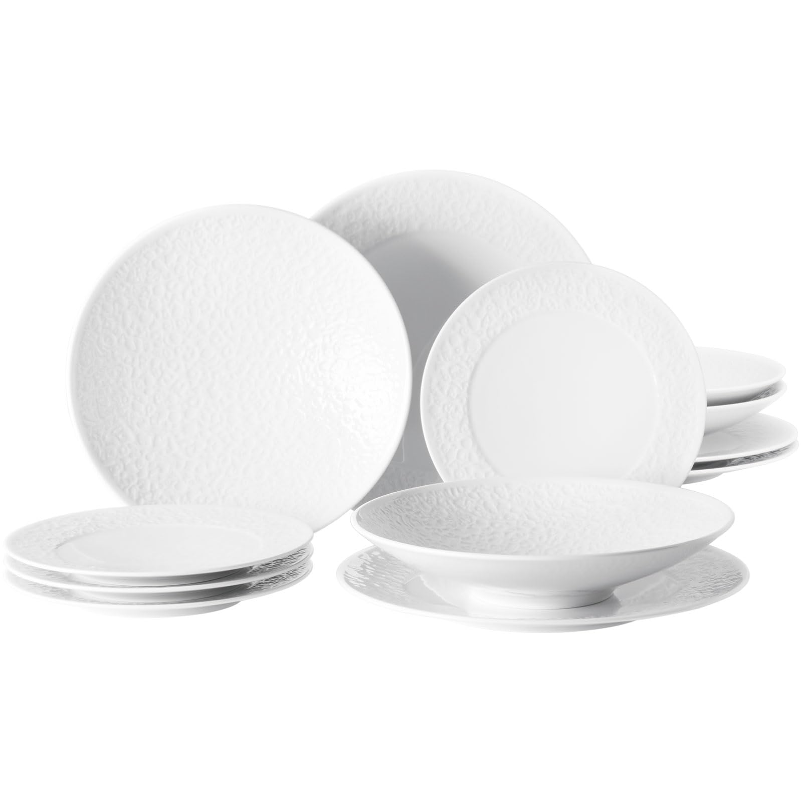 Seltmann Weiden Nori Home Teller-Set 12-teilig | Speiseteller. Suppenteller und Frühstücksteller für 4 Personen | Geschirr-Set mit Vollrelief | Porzellan | Weiß