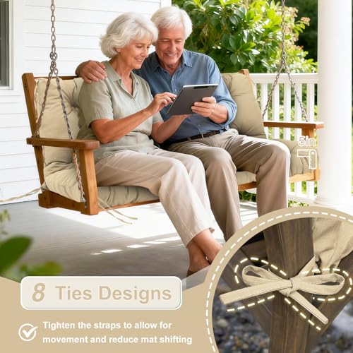 Image of Porch Swing Cushions Outdoor 60 inch x 40 Waterproof Swing Cushions 3 Seater Replacement with Backrest & 8 Ties 5 inch Thick Bench Swing Cushions for Outdoor Furniture Patio(Khaki)