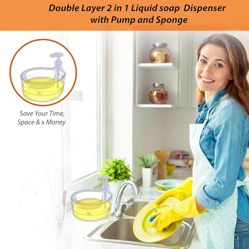 Image of Plastic Double Layer Liquid Soap Dispenser for Kitchen | Double Layer Soap Pump with Sponge Holder | Dishwasher Liquid Holder for Bathroom & Kitchen Sink Accessories