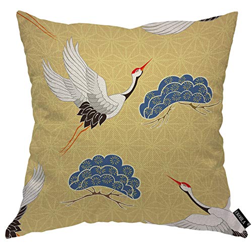 EKOBLA Housse de coussin carrée en coton et lin avec motif grue, héron, oiseau chinois, branche de pin asiatique, fond doré, pour hommes, femmes, garçons,...