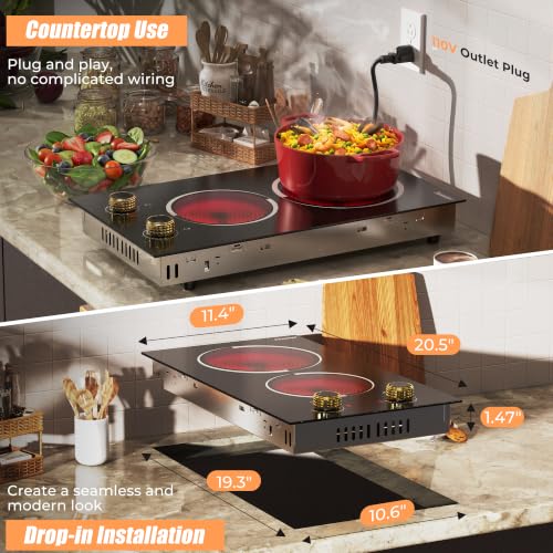 Image of 2 Burner Electric Cooktop - 12 Inch Plug in 110V Electric Cook Top Two Burner, Built-in & Countertop Ceramic Stove Top with Knob Control, 9 Power Levels and Overheat Protection (Golden Knob)