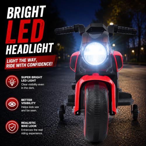 Image of MEKASHI 6V Electric Ride-On Bike for Kids with Bluetooth Music (Red) | Realistic styling with LED headlight, rechargeable battery & smooth ride performance for toddlers aged 1-4 years