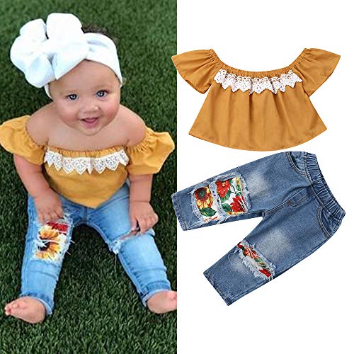 Citgeett Toddler Baby Girls Jeans Outfits Off Shoulder Tube Top+Hole Denim Pants Set Kids Summer Clothes thumb #1