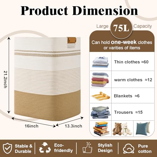 Image of Laundry Hamper, 75L Tall Laundry Basket with Leather Handles, Rectangle Large Clothes Hamper for Organizing, Cotton Woven Laundry Baskets Storage Hampers for Bedroom, Nursery, Living Room