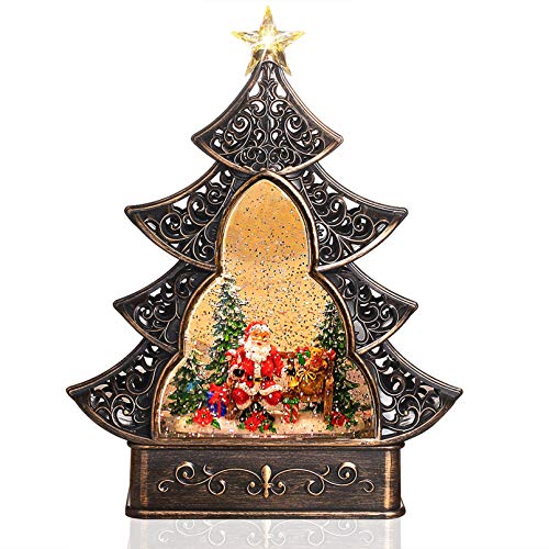 Melunar Christmas Snow Globe Lantern with Swirling Water Glittering Snowglobe Triangular Christmas Tree Xmas Lantern for Christmas Home Decoration and Gift