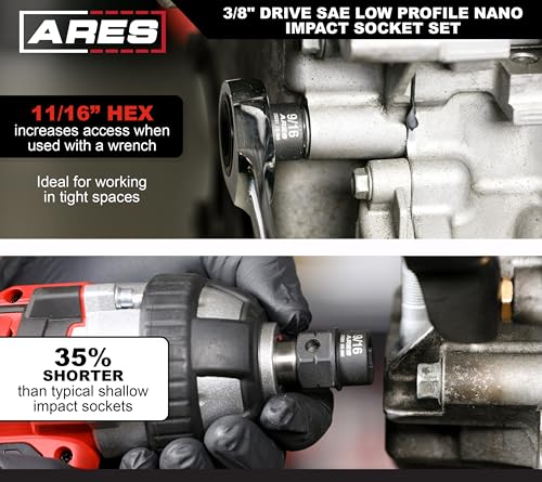 Image of ARES 29019 10-Pc 3 /8in SAE Nano Sockets, Low Profile, w /Rail | Impact grade sockets offer greater clearance than typical shallow sockets