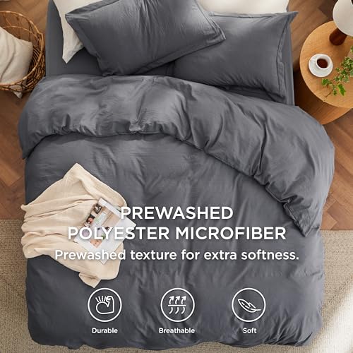 Image of Bedsure Duvet Cover King Size with Fitted Sheet - 4 Pieces Prewashed Cotton-Like Extra Soft Bedding Set, Includes 1 Duvet Cover 104x90 Inches, 2 Pillow Shams, 1 Fitted Sheet, Dark Grey