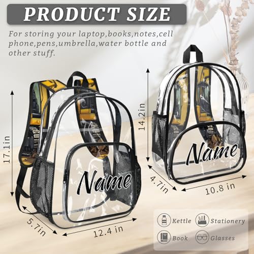 BulldozerPersonalized Clear Small Backpack for Stadium Events Construction Vehicle Custom Transparent Backpacks with Name Heavy Duty PVC Plastic See Through Clear Bag for Concerts3