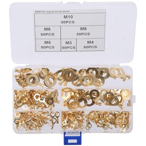 HOBBYIN 260Pcs Copper Ring Terminal Assortment Kit, Non-Insulated Open Barrel Wire Crimp Connectors Set, O-Type Copper Ring Lugs Terminal Connector Kit (M3 M4 M5 M6 M8 M10)