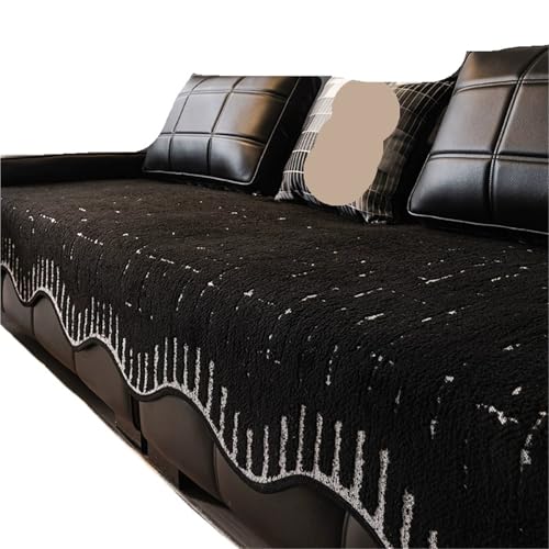 四季ユニバーサル滑り止めシェニールソファクッション3人掛け垂直カバー布特殊形状(Black,90*260cm)