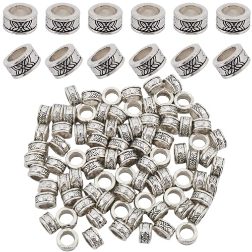 SOFPLATE 1 caja de 100 cuentas Espaciadoras de Aleación de 8.{118} in de Plata con Agujero Grande Cuentas Sueltas A Granel Estilo Tibetano Columna Redonda de Metal Antiguo Cuentas Europeas Rondelle pa