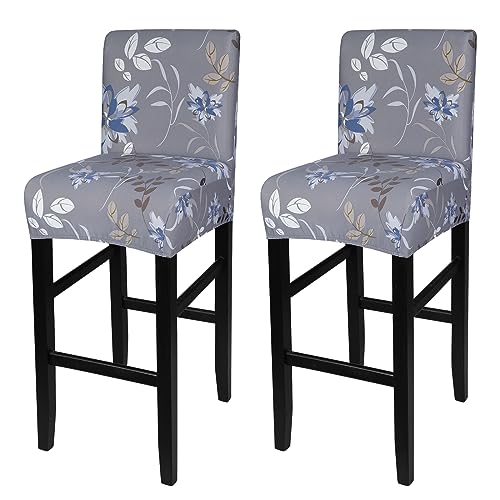 Image of SearchI Bar Stool Covers Set of 2, Stretch Washable Barstool Seat Covers, Counter Height Chair Covers for Kitchen Dining Room Cafe (Grey and Blue Flower)