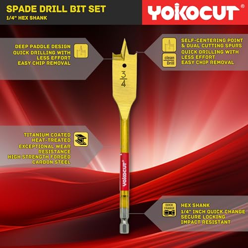 Spade Drill Bit Set, 6PCS Paddle Bits Set, 3/8"-1" Spade Bits with 1/4 Hex Shank, Wood Hole Cutter, Drill Bits for Wood by YOKOCUT - Image 3