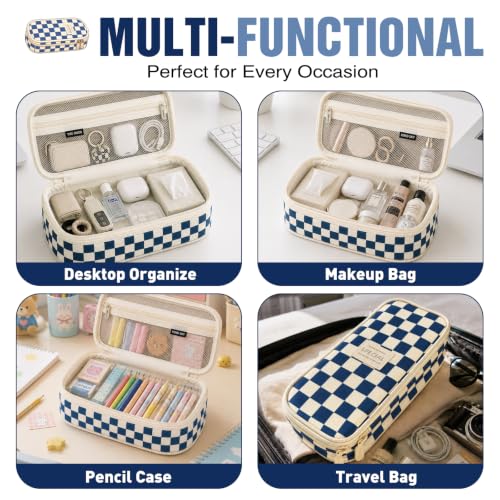 Image of Pencil Case, Large Capacity Aesthetic Pencil Cases with Durable Zipper, Big Stationery Pencil Pouch for Women & Men, Adults Portable Storage Organizer Bag for College, office, Travel (Blue Grid)