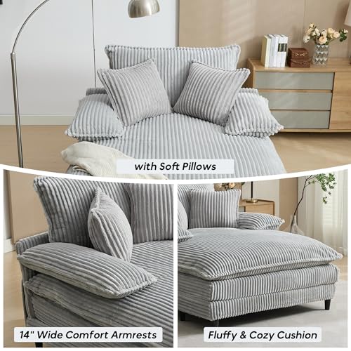 Image of Oversized Chaise Lounge Chair Indoor with 5-Position Adjustable Backrest, 54.8 inch Upholstered Corduroy Deep Seat Single Cloud Sofa Chair, Fluffy Modern Sleeper Couch Bed for Living Room, Grey